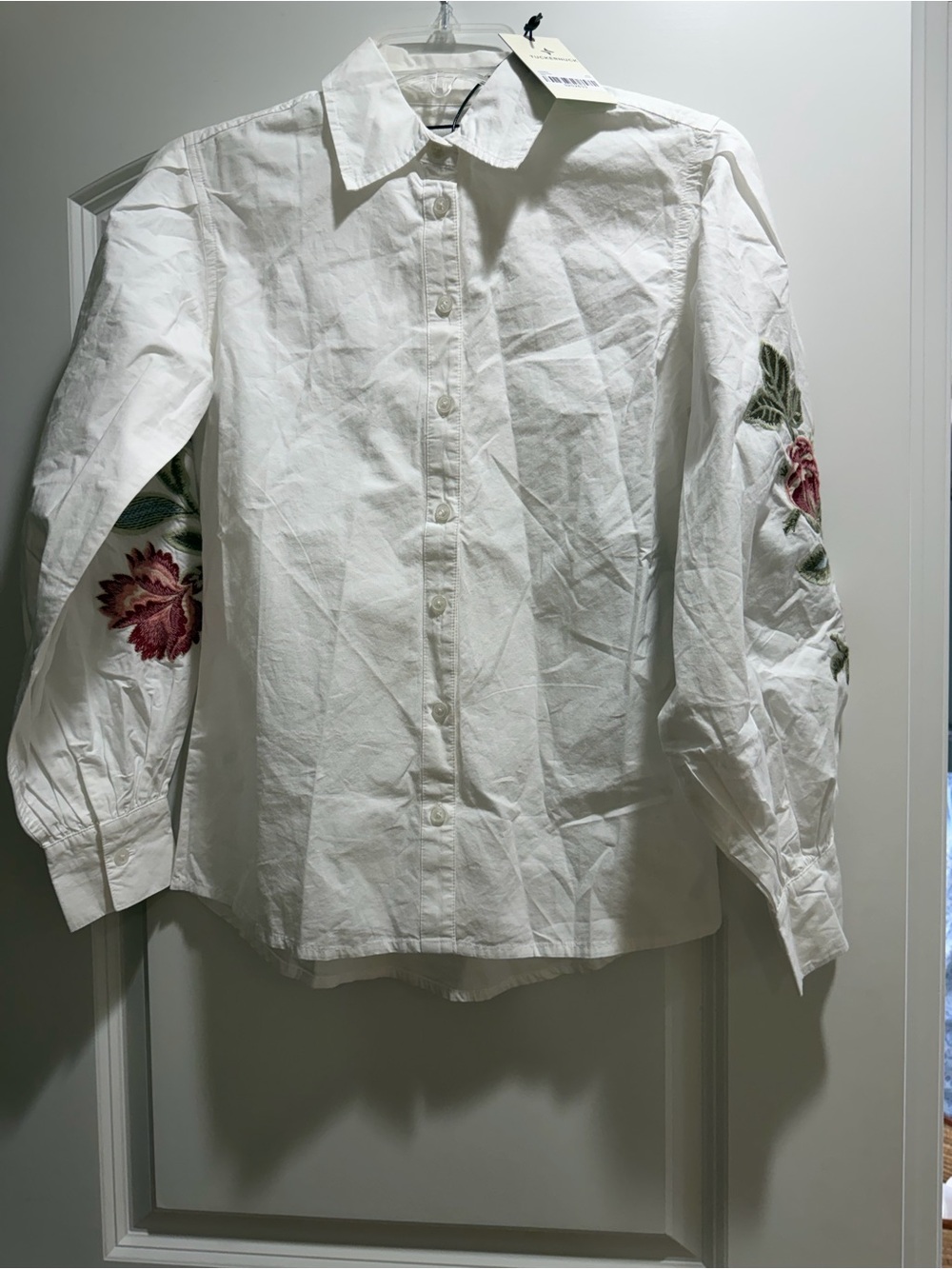 Tuckernuck White Button-Down Shirt with Pink and Green Floral Sleeve Embroidery